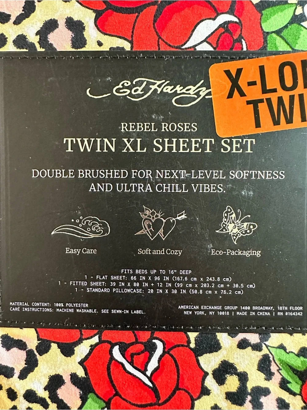 Ed Hardy Leopard & Rebel Rose Twin XL Sheet Set in Red, Green, Cream, Black